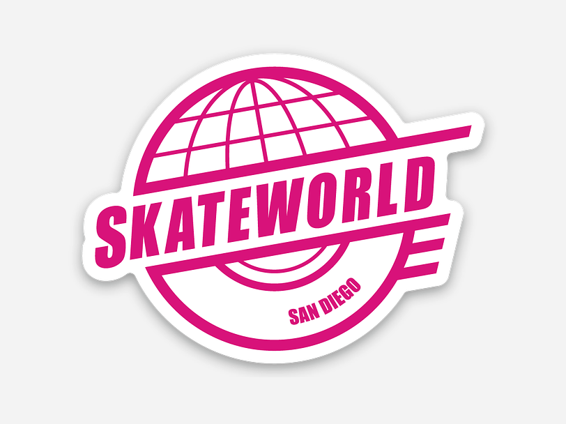 Skateworld sticker with pink globe and arched grid, bold SKATEWORLD and SAN DIEGO text