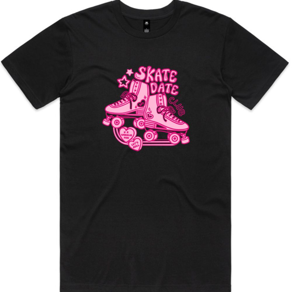 Black crew-neck graphic T-shirt with pink roller skates and 'Skate Date' print