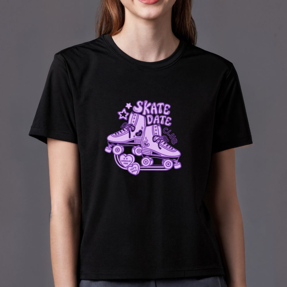 Black crew-neck tee with pink roller skates and heart 'Skate Date' graphic