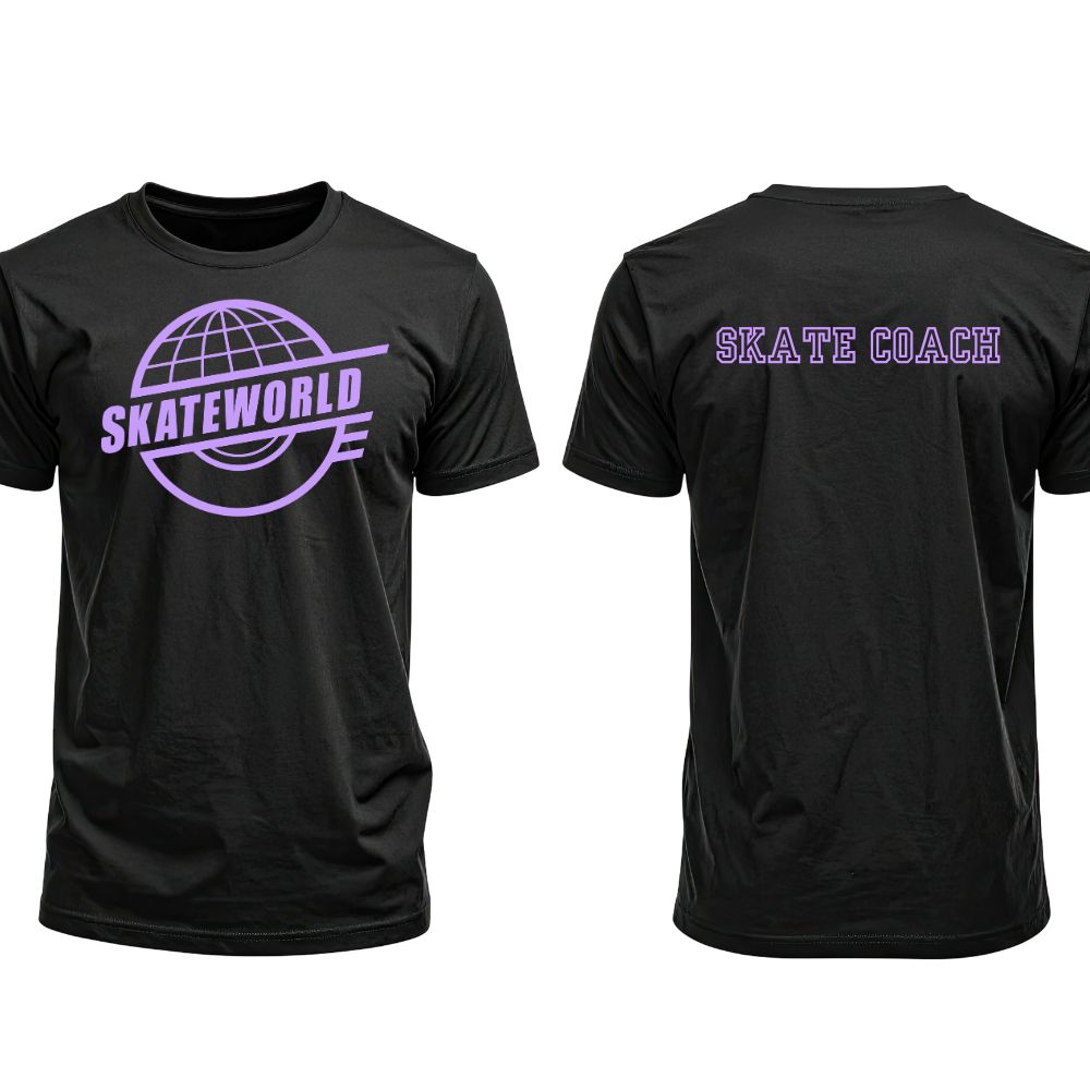 Black t-shirt with purple Skateworld and Skate Coach circular logo, crew neck.