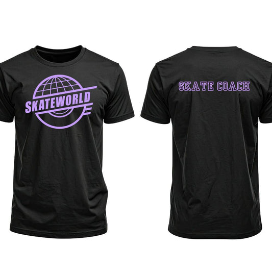 Black t-shirt with purple Skateworld and Skate Coach circular logo, crew neck.