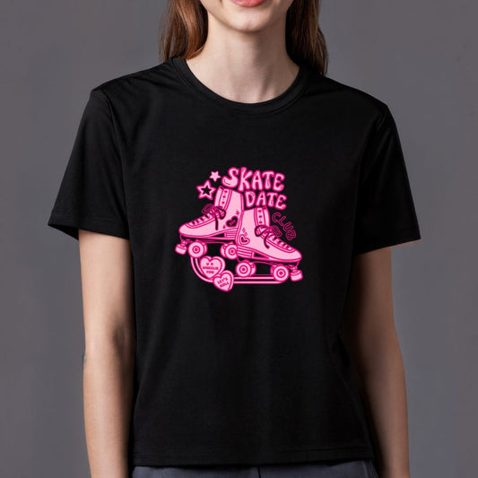 Black crew-neck short-sleeve tee with pink roller skate 'Skate Date' graphic