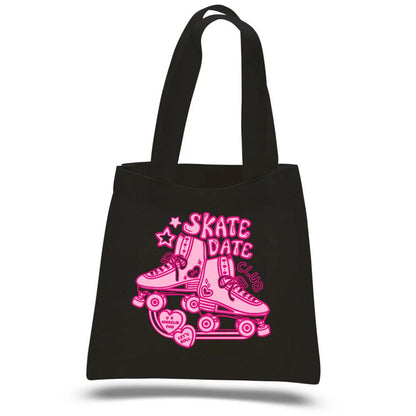A black canvas tote bag with a vibrant pink graphic of roller skates and the text 'SKATE DATE CLUB' on the front, set against a plain white background.