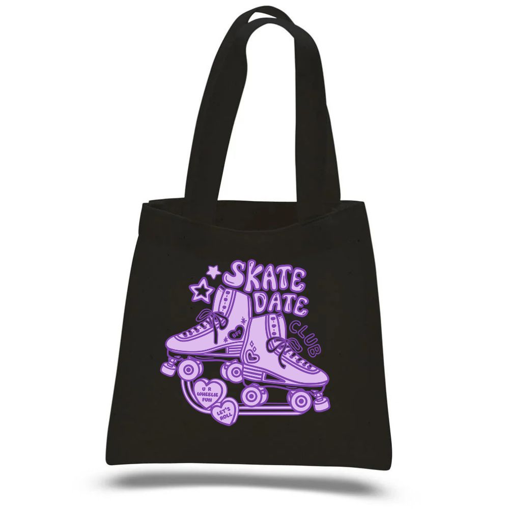 A black canvas tote bag with two handles, featuring a purple graphic of roller skates and the text 'SKATE DATE CLUB' on the front, set against a plain white background.