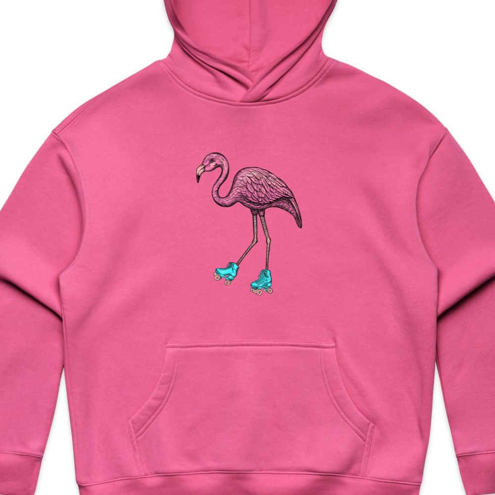 A pink pullover hoodie featuring a graphic of a pink flamingo roller skating in turquoise skates, displayed on a clean white background.