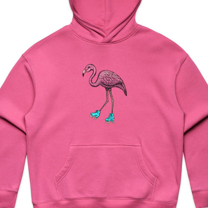 A pink pullover hoodie featuring a graphic of a pink flamingo roller skating in turquoise skates, displayed on a clean white background.