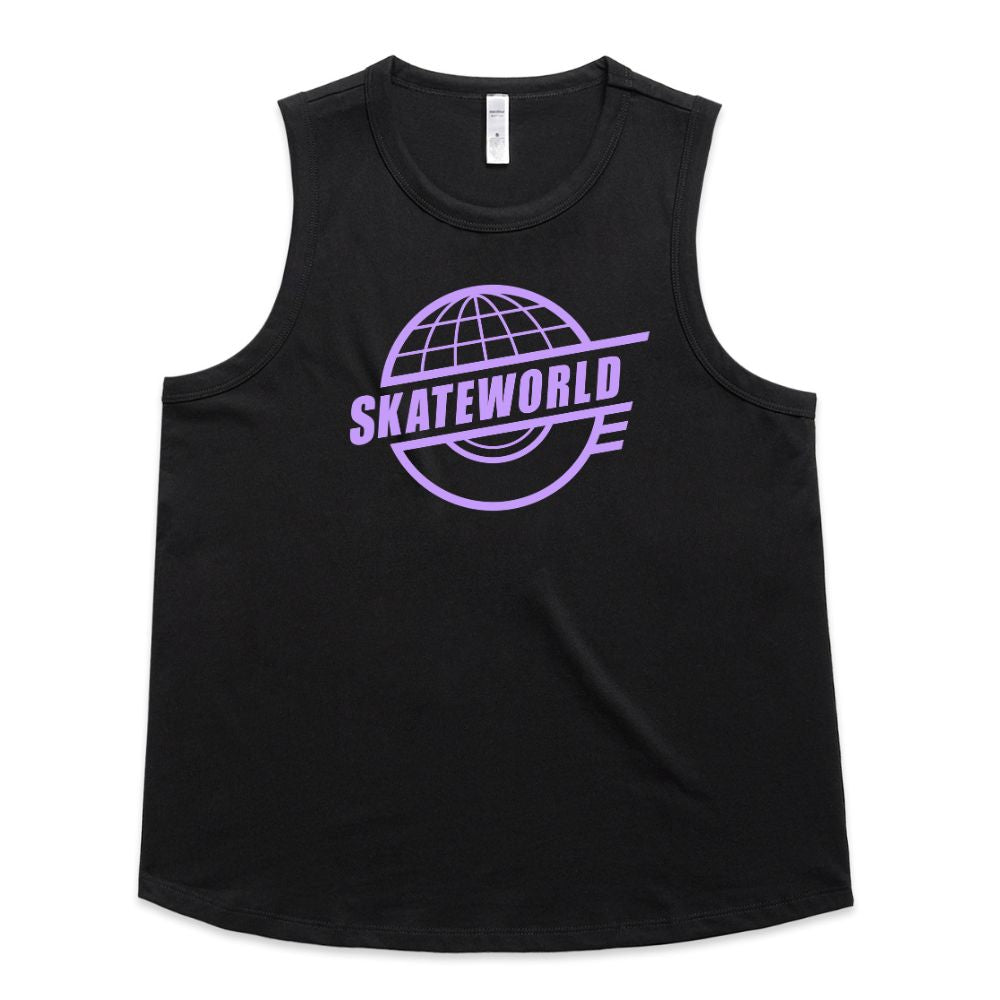 A black sleeveless muscle tank top featuring a purple 'SKATEWORLD' globe graphic printed on the chest, displayed against a solid white background.
