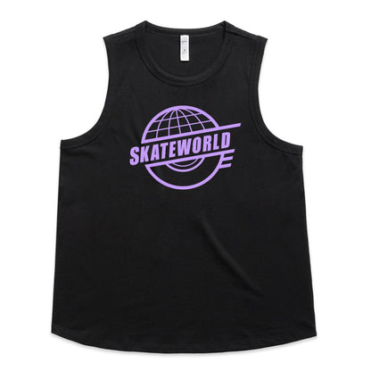 A black sleeveless muscle tank top featuring a purple 'SKATEWORLD' globe graphic printed on the chest, displayed against a solid white background.