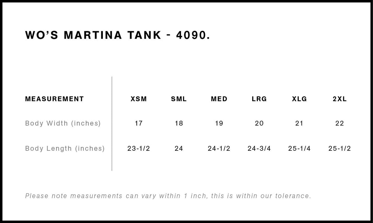 Measurement chart for WO'S MARTINA TANK model 4090 with body width and length dimensions.