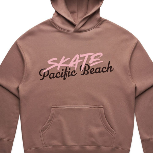 A dusty rose brown pullover hoodie featuring a front kangaroo pocket and a graphic print on the chest that reads 'SKATE Pacific Beach' in pink and black script, shown against a plain white background.