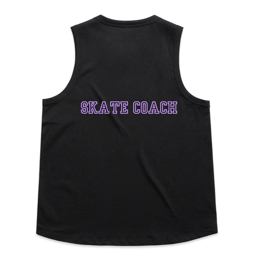 A black sleeveless muscle tank top shown from the back, featuring the words 'SKATE COACH' printed in purple outlined block letters across the upper back, set against a plain white background.