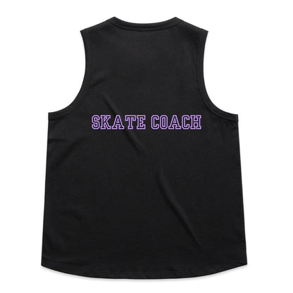 A black sleeveless muscle tank top shown from the back, featuring the words 'SKATE COACH' printed in purple outlined block letters across the upper back, set against a plain white background.