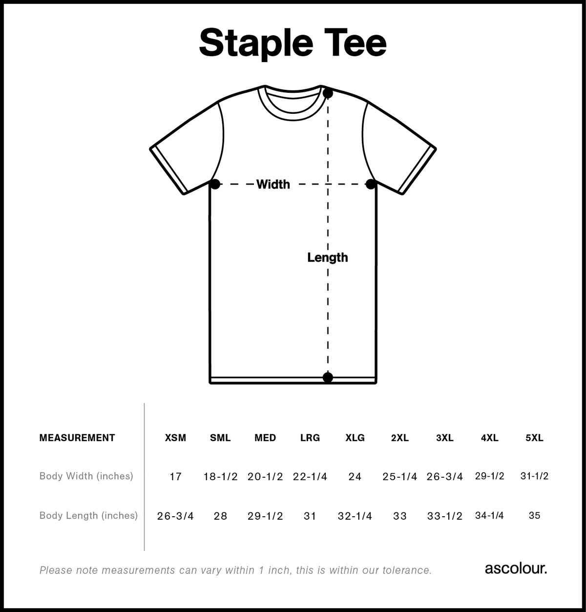 T-shirt size chart diagram with width and length measurements.