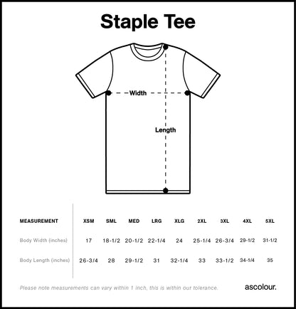 T-shirt size chart diagram with width and length measurements.
