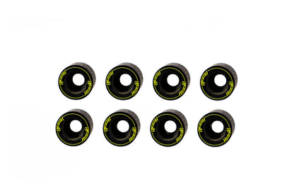 Eight black skateboard wheels with bright yellow 'Vexix' branding, arranged in two rows of four on a solid white background.