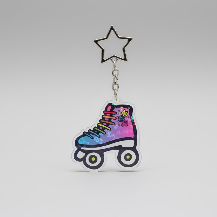Glitter roller skate keychain with star charm and metal chain