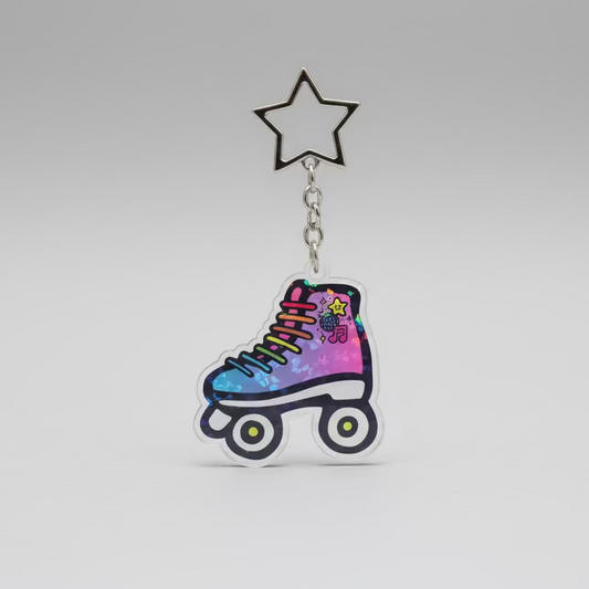 Glitter roller skate keychain with star charm and metal chain