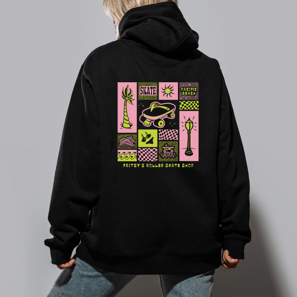Black hoodie with large back skateboard-themed graphic and hood