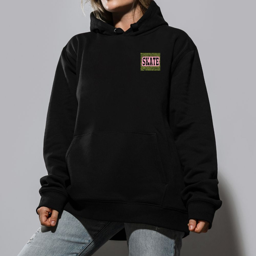 Fritzy's SKATE black hoodie with front kangaroo pocket and chest logo patch
