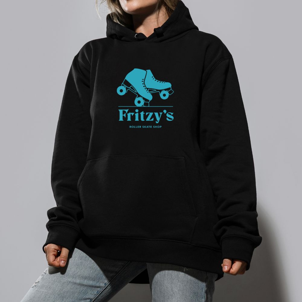 Black logo hoodie with teal roller skate graphic and front kangaroo pocket