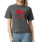 A woman wearing a dark gray heather t-shirt with a red roller skate graphic and the text 'Fritzy's' on the front, paired with blue jeans against a plain white background.