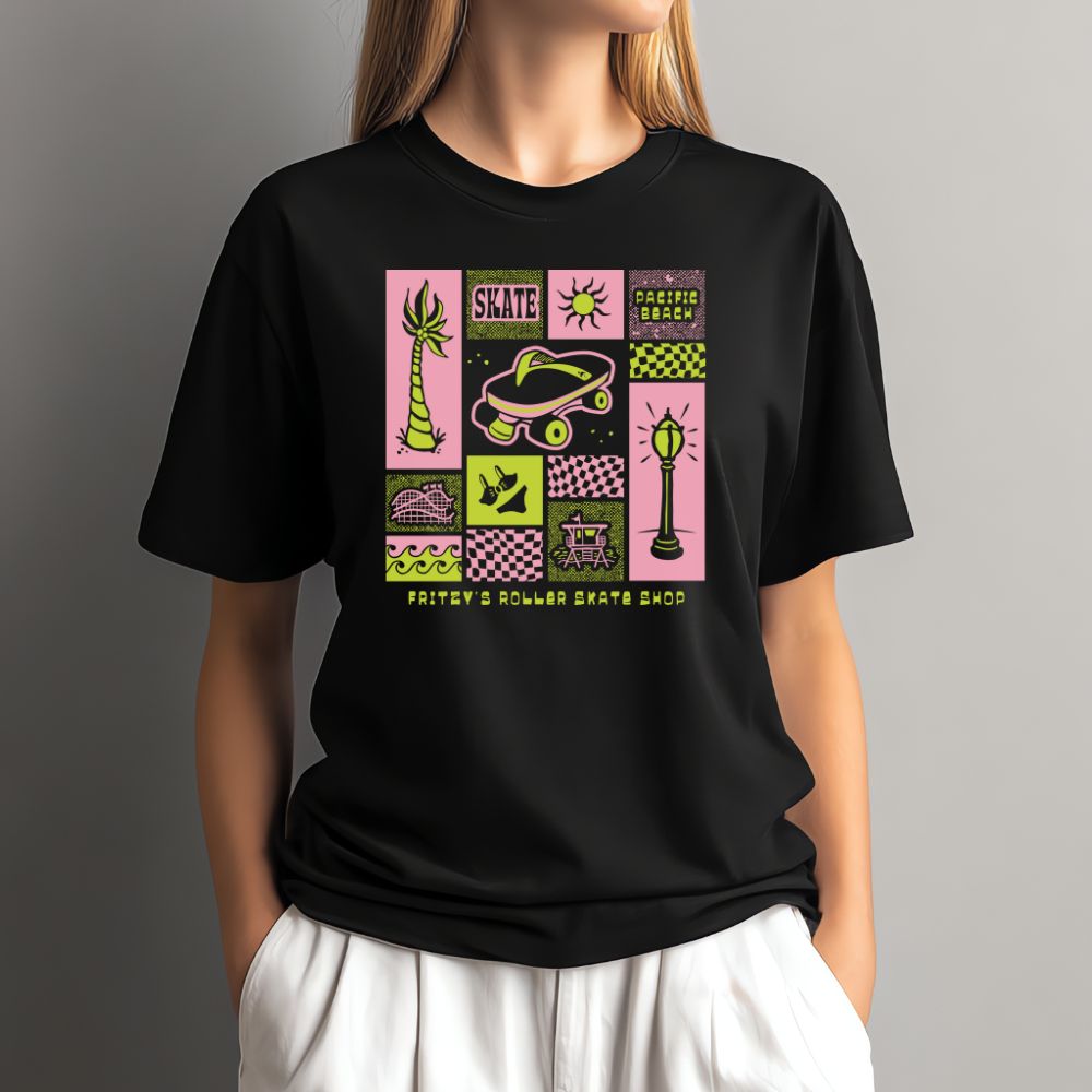 Black crewneck graphic t-shirt with colorful roller shop print