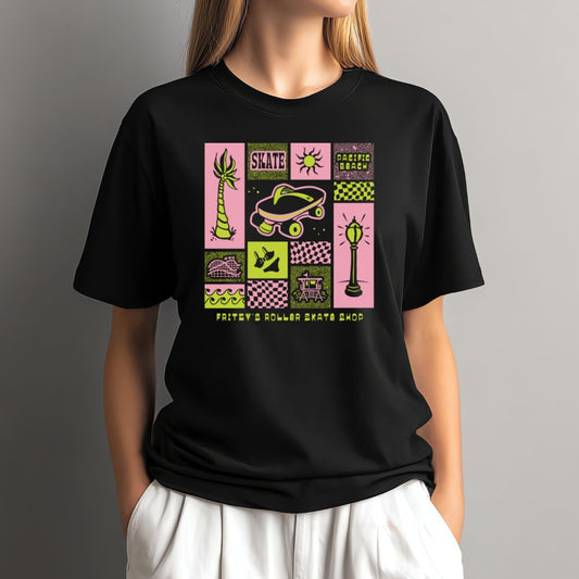 Black crewneck graphic t-shirt with colorful roller shop print