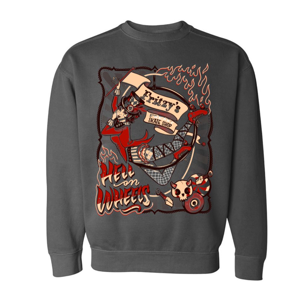 A dark gray crewneck sweatshirt featuring a large graphic print on the front. The graphic is a retro-style illustration of a woman in a red dress and a clown mask riding a red motorcycle with flames, banners reading 'Fritzy's Skate Shop' and 'Hell on Wheels', and skulls.