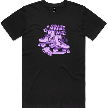 Black crew-neck T-shirt with centered pink roller skate 'Skate Date' artwork
