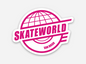 Skateworld sticker with pink globe and arched grid, bold SKATEWORLD and SAN DIEGO text