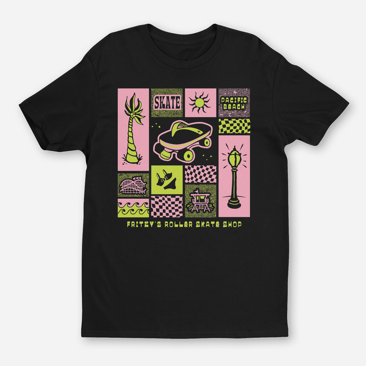 Black crewneck graphic t-shirt with skateboard-themed shop front print