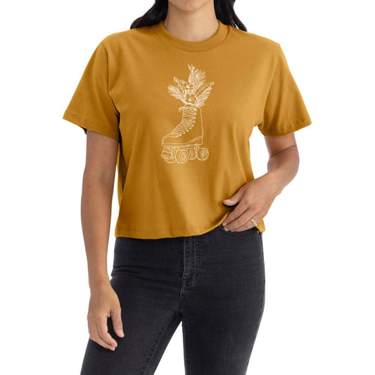Women's boxy tee in mustard yellow with front fern skateboard graphic, short sleeves
