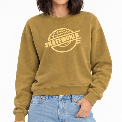 Mustard crewneck sweatshirt with front skate-style globe logo