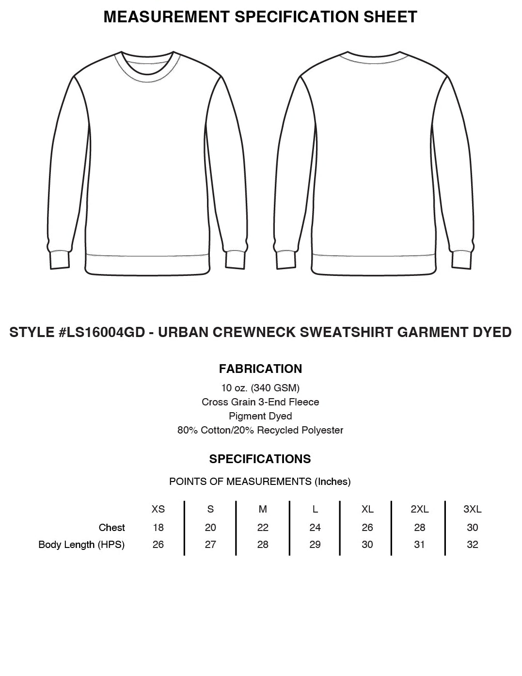 measurement specification sheet for the Urban Crewneck sweatshirt, showing a black line drawing of the garment, fabric details, and a size chart table from XS to 3XL with chest and body length measurements.