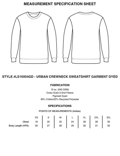 measurement specification sheet for the Urban Crewneck sweatshirt, showing a black line drawing of the garment, fabric details, and a size chart table from XS to 3XL with chest and body length measurements.
