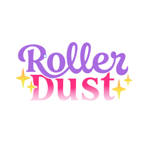 The words 'Roller Dust' in stylized purple and pink gradient lettering with yellow sparkle accents, centered on a plain white background.