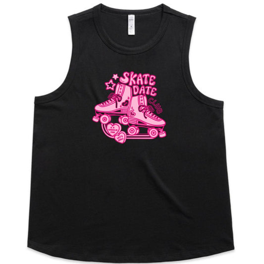 Black tank top with pink roller skate design and 'Skate Date Club' text on a white background