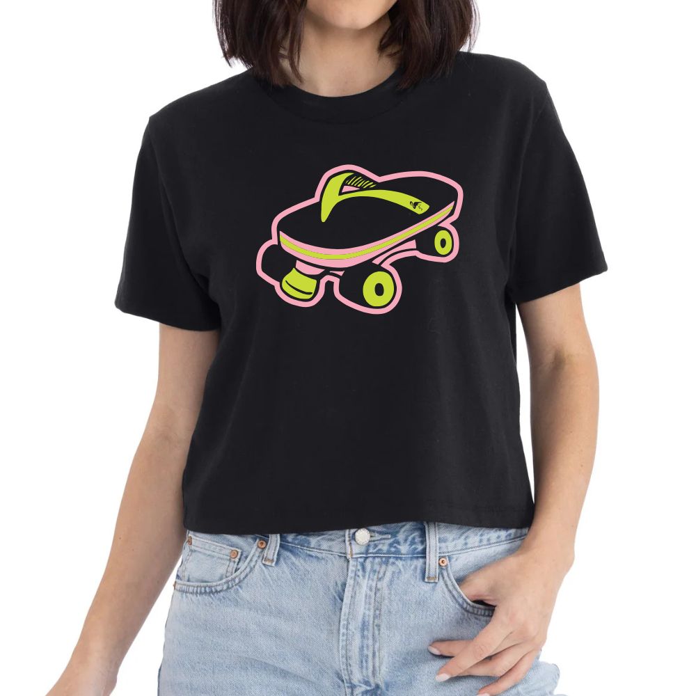Women’s boxy tee in black with colorful roller skate graphic